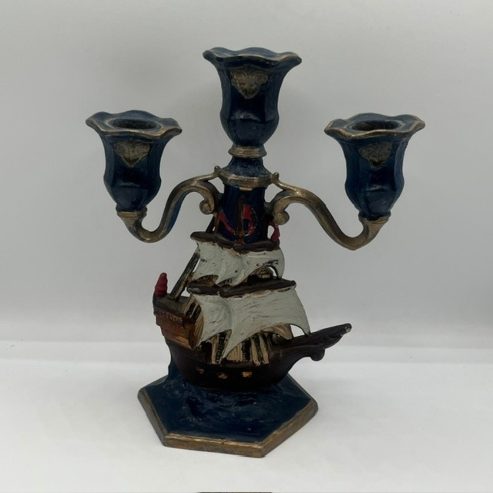 Vintage Nautical Sailing Ship Cast Metal Candelabra 3Arm Candle Holder Blue Gold